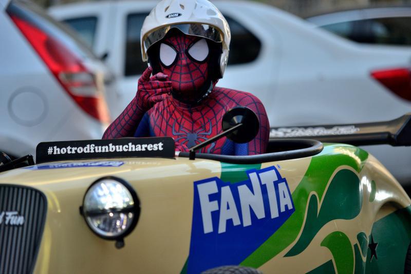 Spider-Man driving a Hot Rod in Bucharest